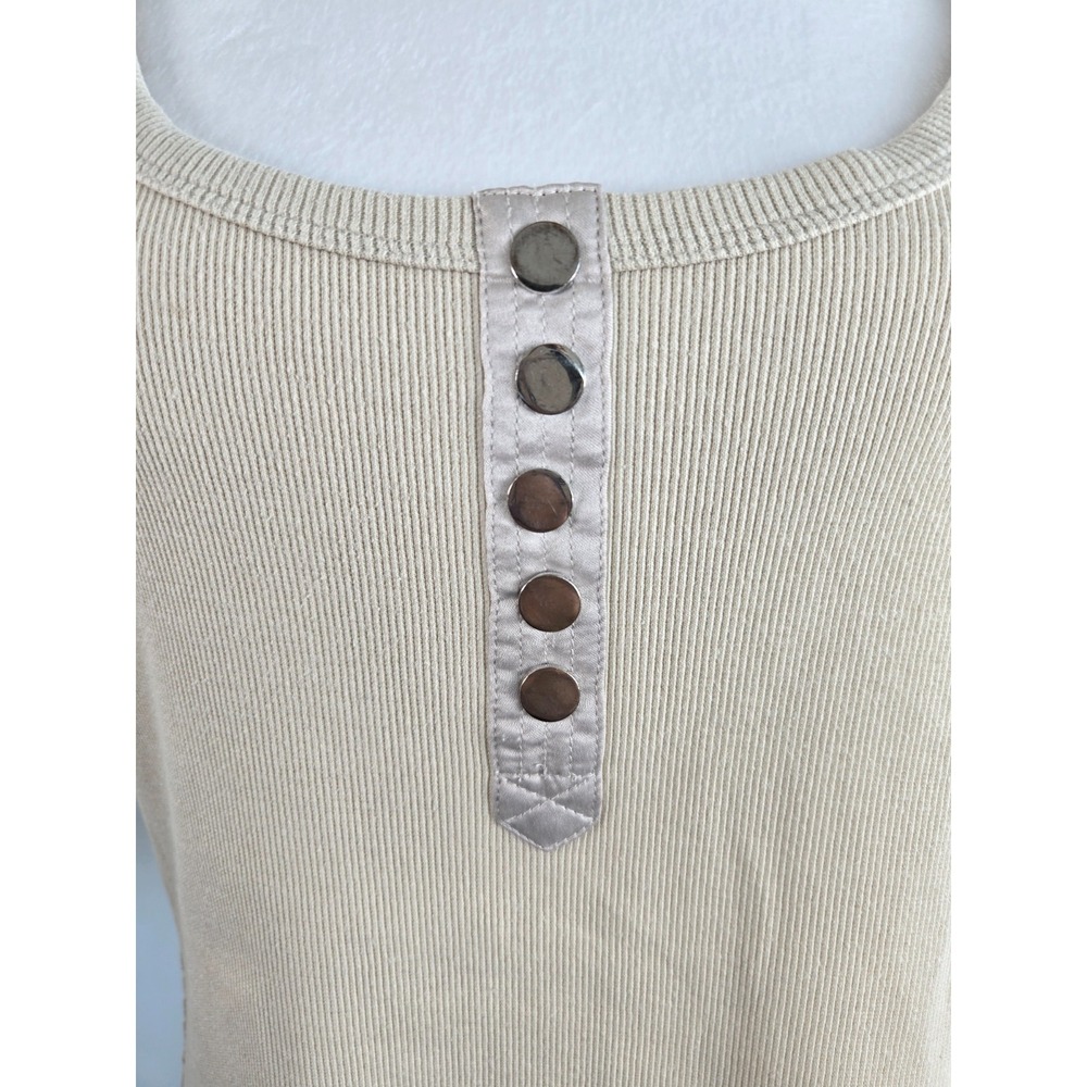 Tribal Lace Tank Top Ribbed Knit Henley Round Neck Pastel Yellow Beige Quiet Lux - Picture 6 of 16